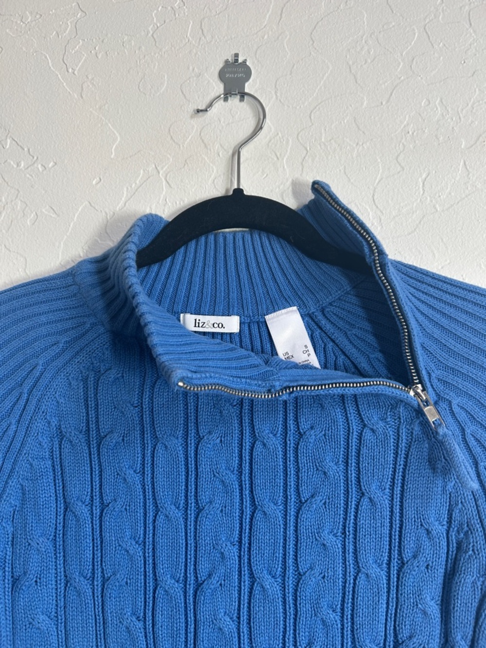 Blue Cable Knit Half-Zip Turtleneck Sweater - Picture 2 of 4